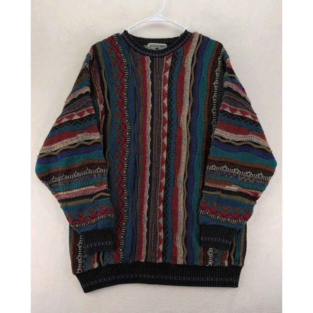 VTG Idea Uomo Multicolored Vertical Striped 3D Chunky Knit Pullover Sweater XL